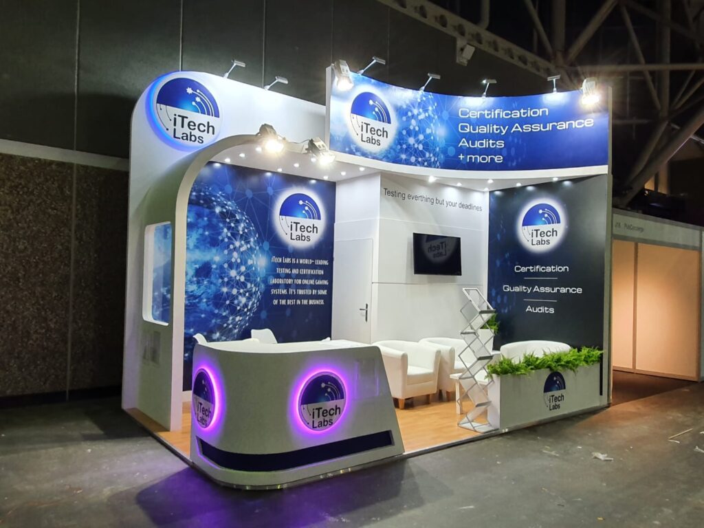 Custom exhibition stand construction with full brand integration at trade show